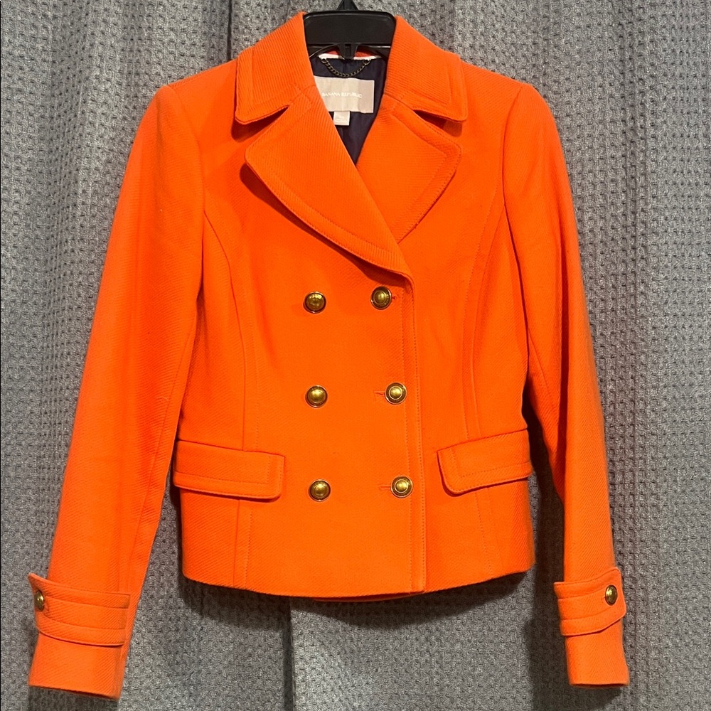 Banana Republic Vibrant Orange Pea Coat with Gold Buttons